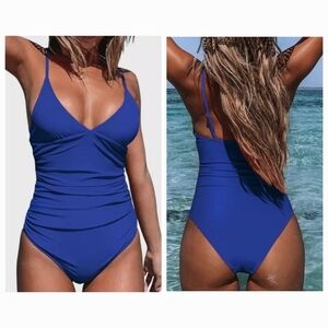 Cupshe Blue Ruching V-Neckline One Piece Swimsuit Sz L NEW